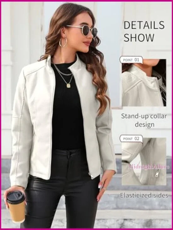 Faux Leather Motorcycle Jacket Women's Quilted Bomber Zipper Pockets - Picture 5 of 7